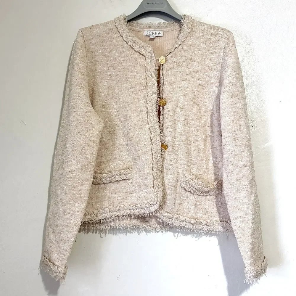J.CREW Marled Fringe Trim Sweater Lady Cropped Jacket Size L